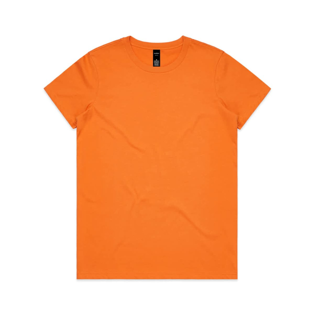 An orange T-shirt featuring a round neckline and short sleeves, with a logo at the neck.