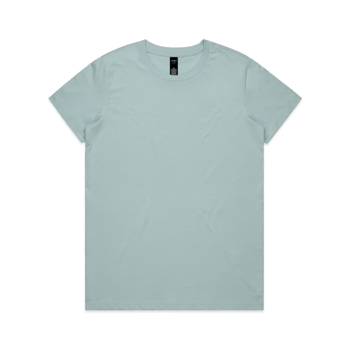 A light mint green t-shirt with a classic crew neckline and a tag on the inside collar.