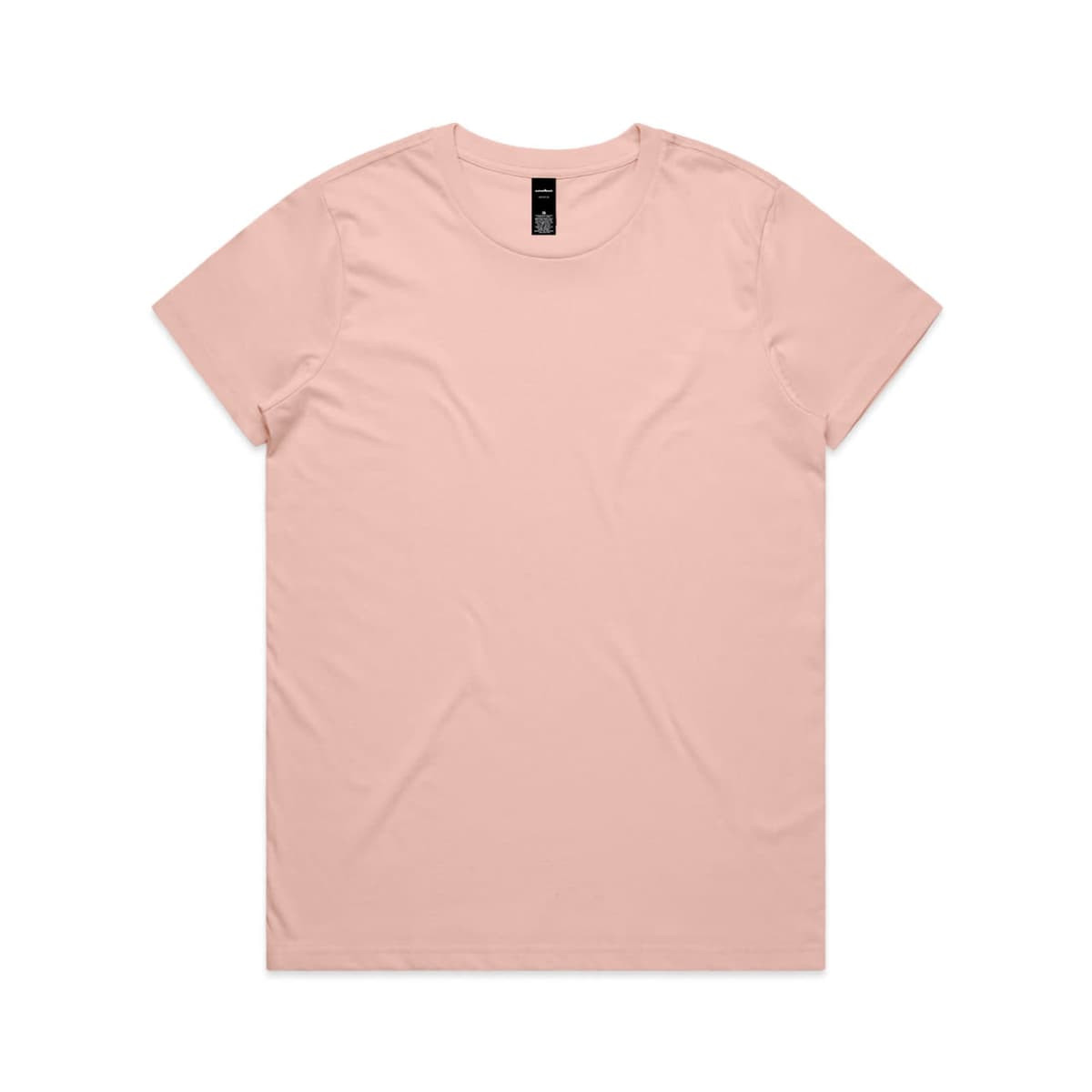 A light pink t-shirt with a round neck and short sleeves, featuring a logo at the tag.