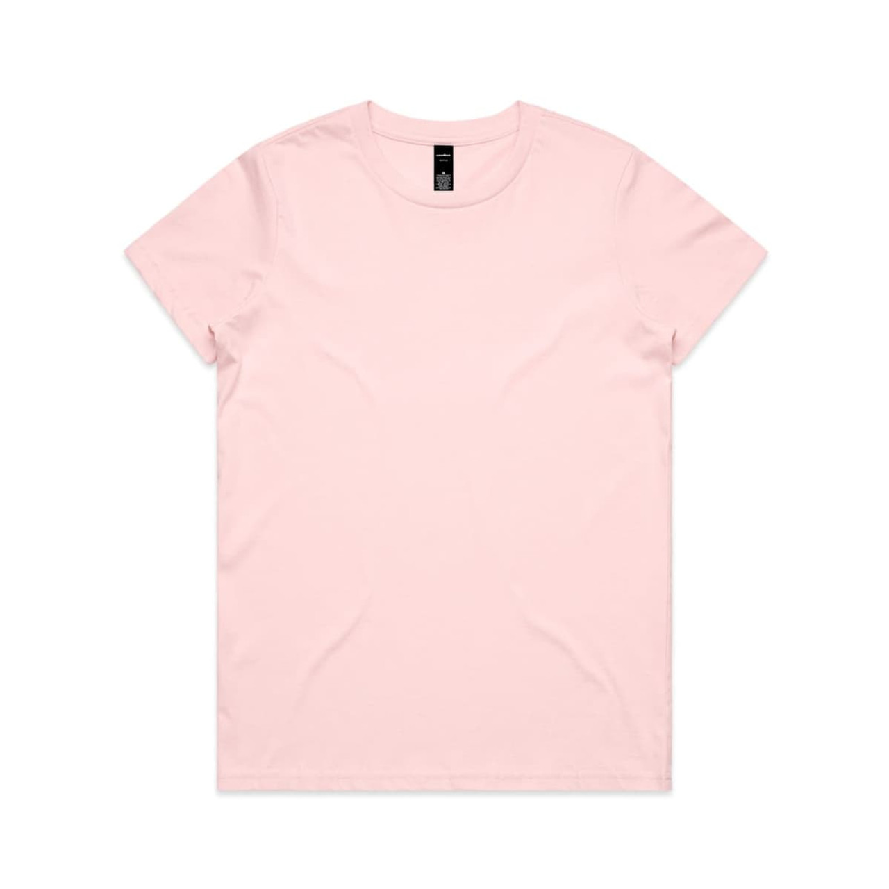A pink t-shirt with a crew neck and short sleeves, featuring a brand logo on the label.