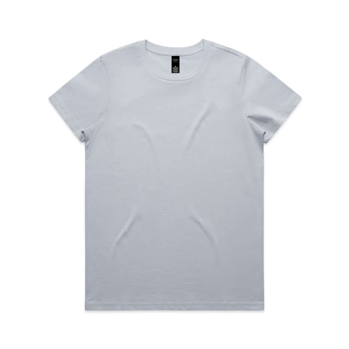 A light grey T-shirt with a round neckline and short sleeves, featuring a logo on the label.