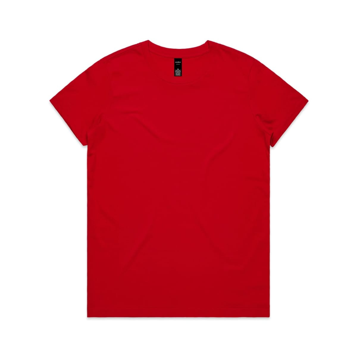 A red t-shirt featuring a simple crew neck design and a branding label at the neckline.