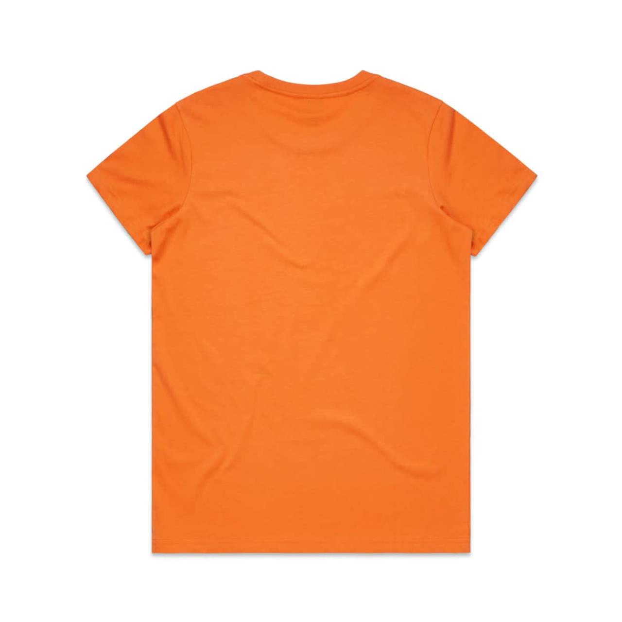 An orange T-shirt displayed flat, featuring a standard crew neck and short sleeves. The back is plain with no design.