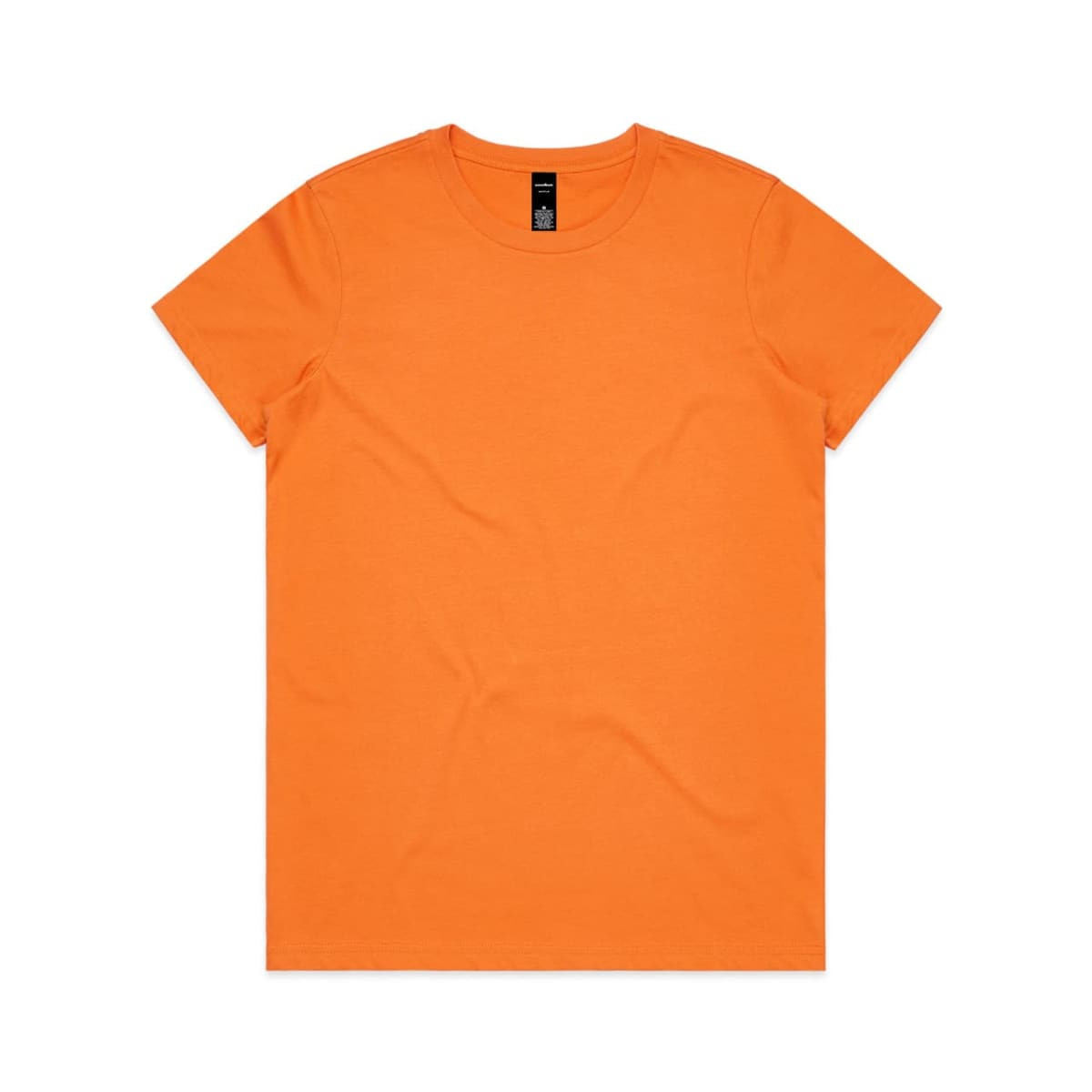 An orange T-shirt with a round neckline and short sleeves, featuring a logo on the tag.