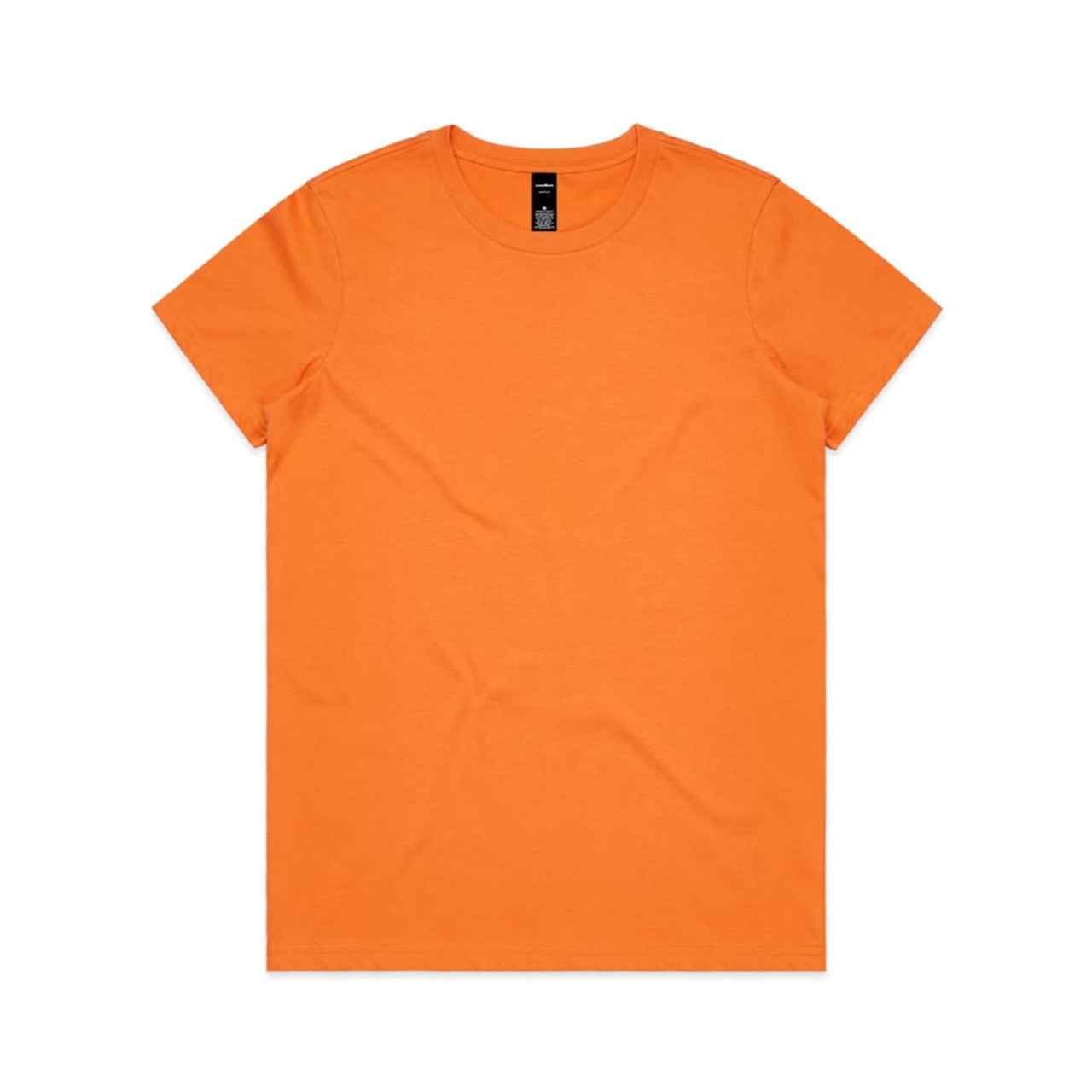 An orange T-shirt with a round neckline and short sleeves, featuring a logo on the tag.