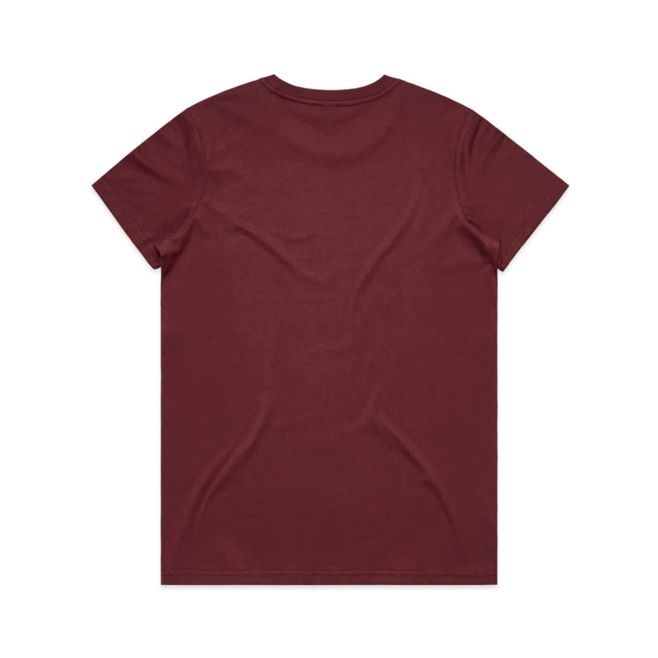 A maroon T-shirt with a simple design, featuring a branded logo on the back.