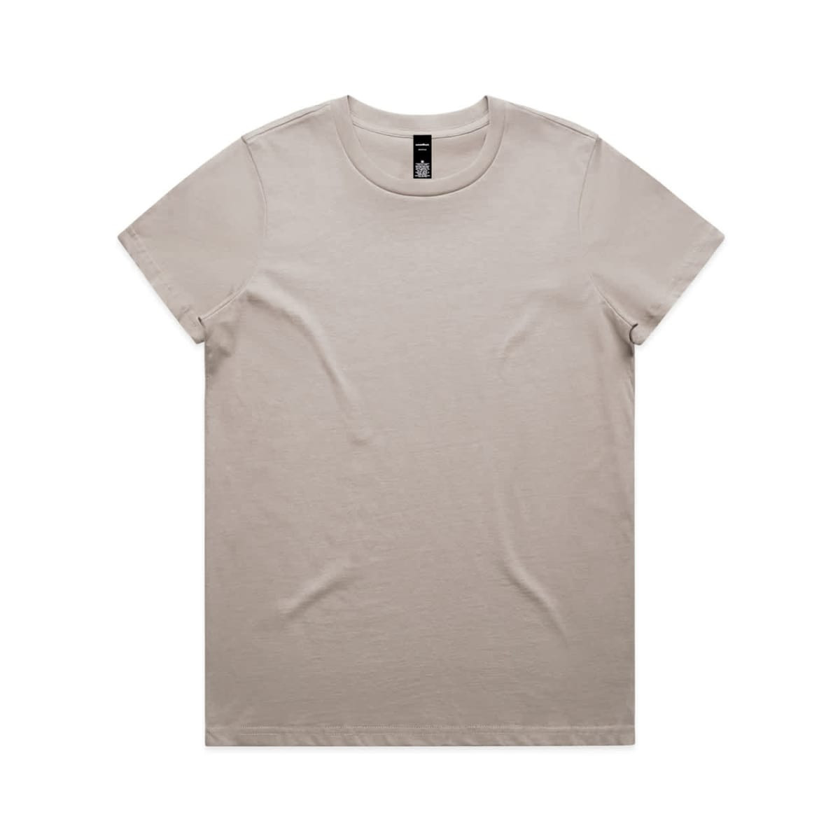 A light beige T-shirt featuring a round neckline and short sleeves, with a logo on the tag.