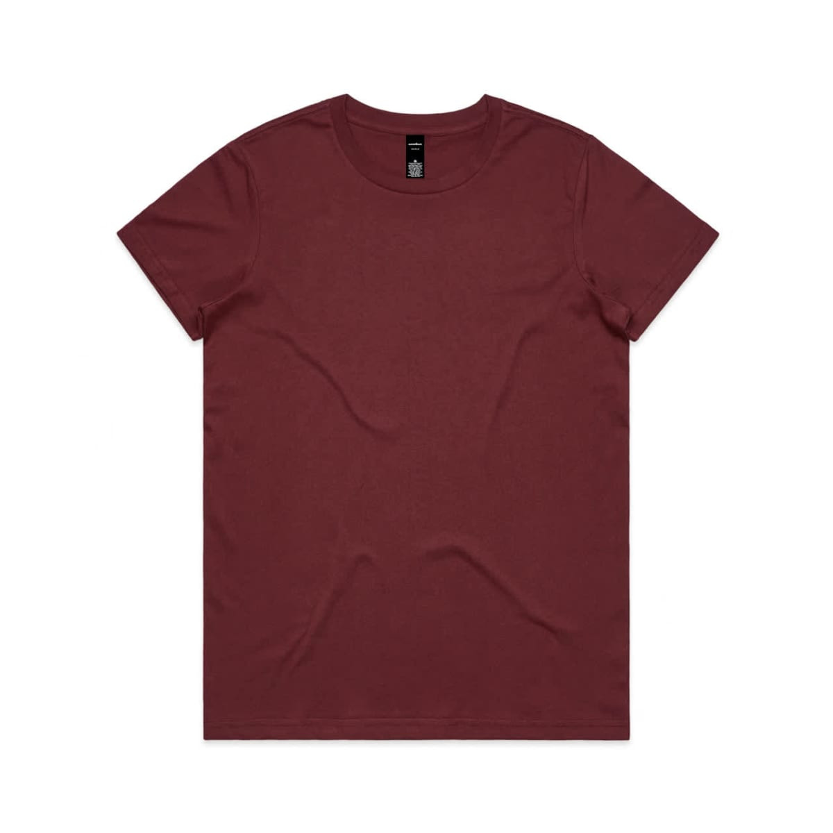 A maroon T-shirt with a crew neck and short sleeves, featuring a logo at the neckline.