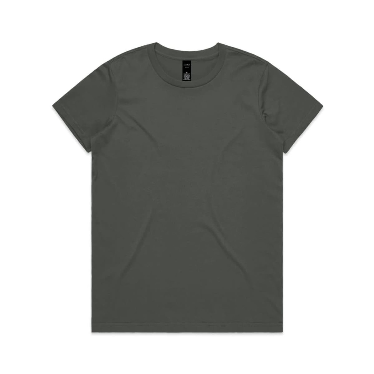 A plain dark grey t-shirt with a round neckline and short sleeves, featuring a logo on the label.