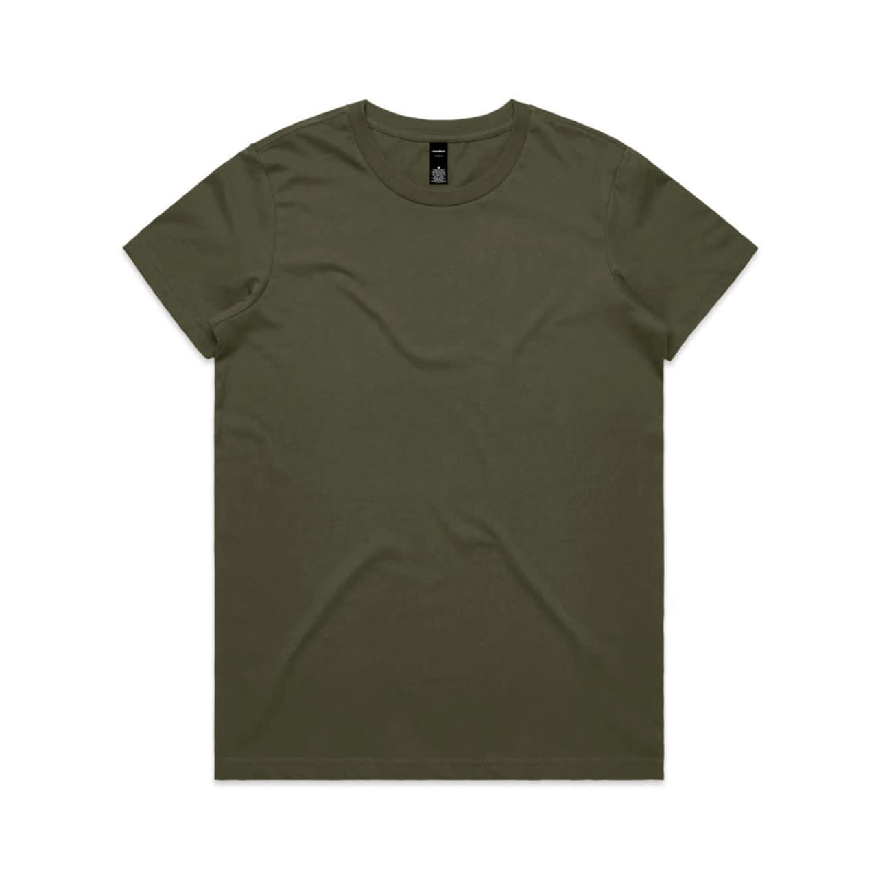 An olive green t-shirt featuring a round neckline and a branding label at the neckline.