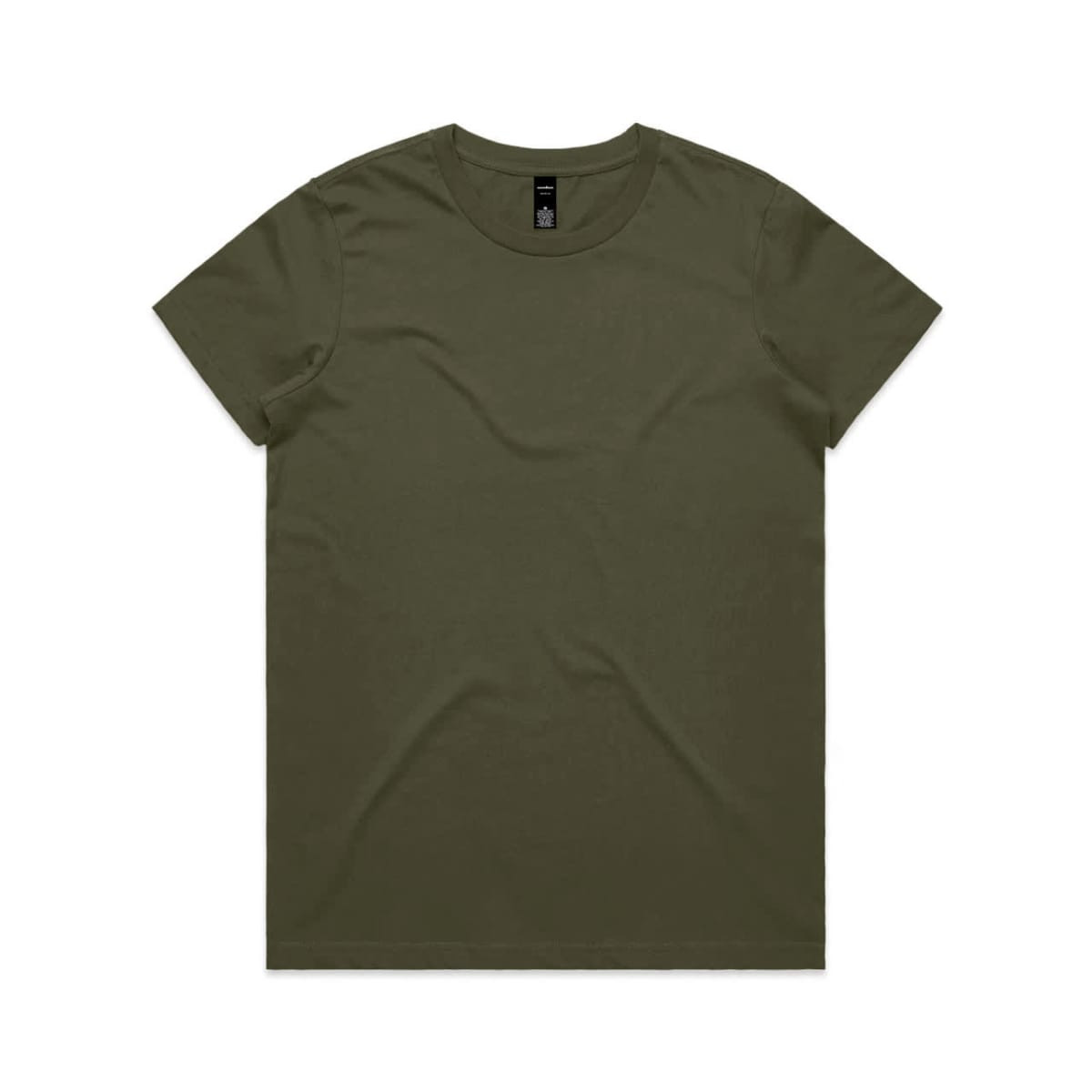 An olive green t-shirt featuring a round neckline and a branding label at the neckline.
