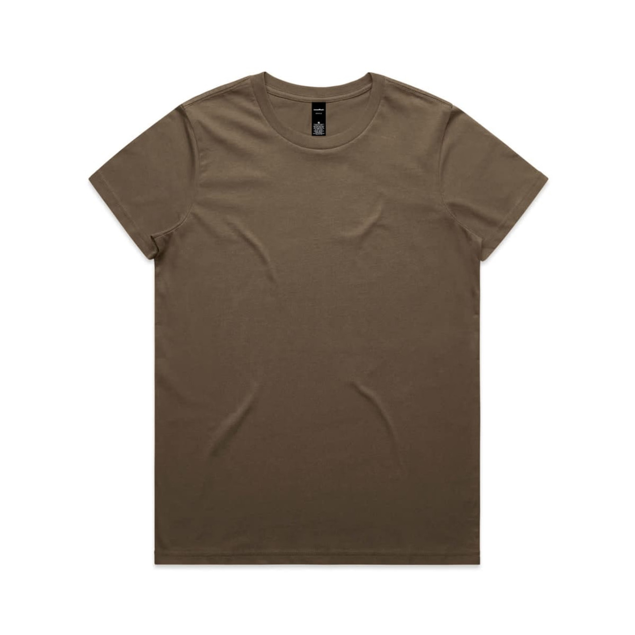 A brown t-shirt with a round neck and short sleeves, featuring a logo on the label.