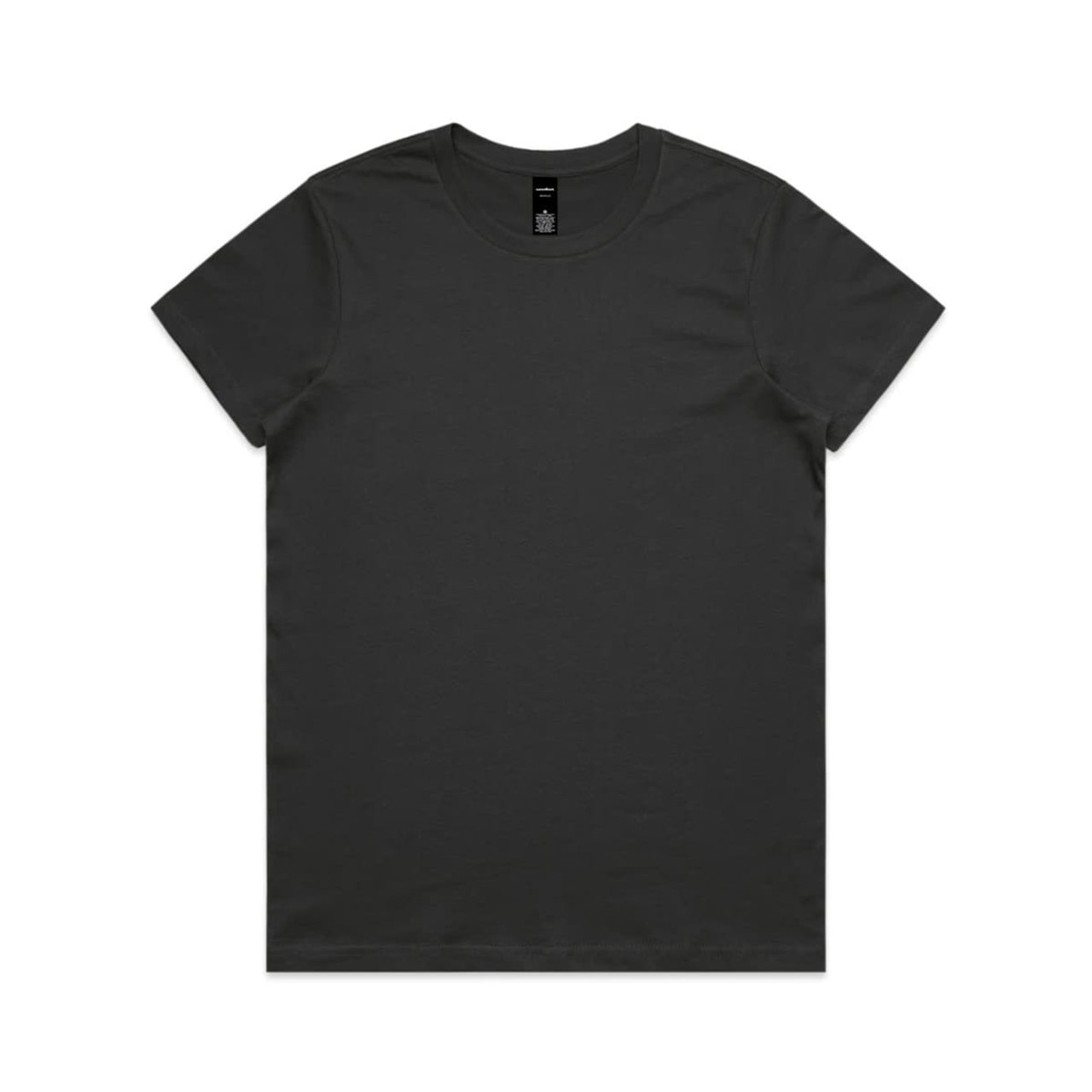 A black t-shirt displayed flat, featuring a round neck and short sleeves, with a branding label inside the collar.
