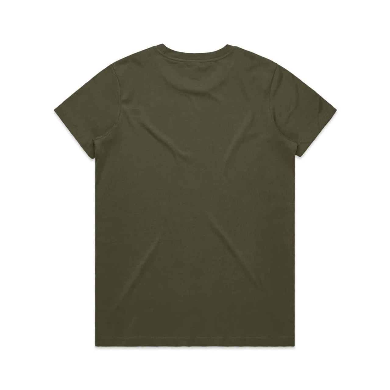 An olive green T-shirt with a classic crew neckline and short sleeves, featuring a logo on the back.