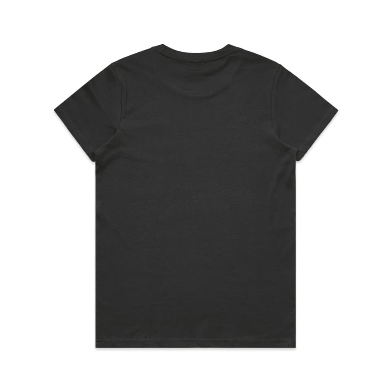 A black t-shirt with a round neckline and short sleeves, featuring a logo on the back.