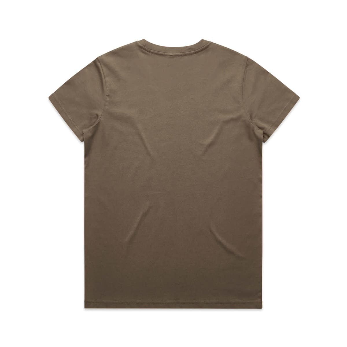 A khaki T-shirt with a plain back. The fabric appears smooth and soft, featuring a small logo at the neckline.