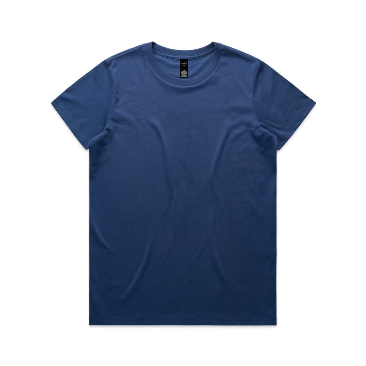 A blue t-shirt with a round neckline and short sleeves, featuring a simple design and a logo.