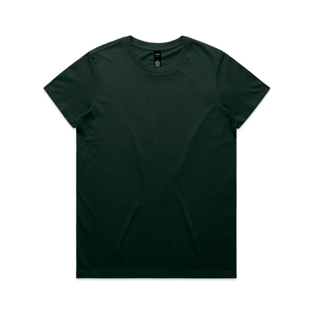 A dark green T-shirt with a crew neckline and short sleeves, featuring a logo on the neck label.