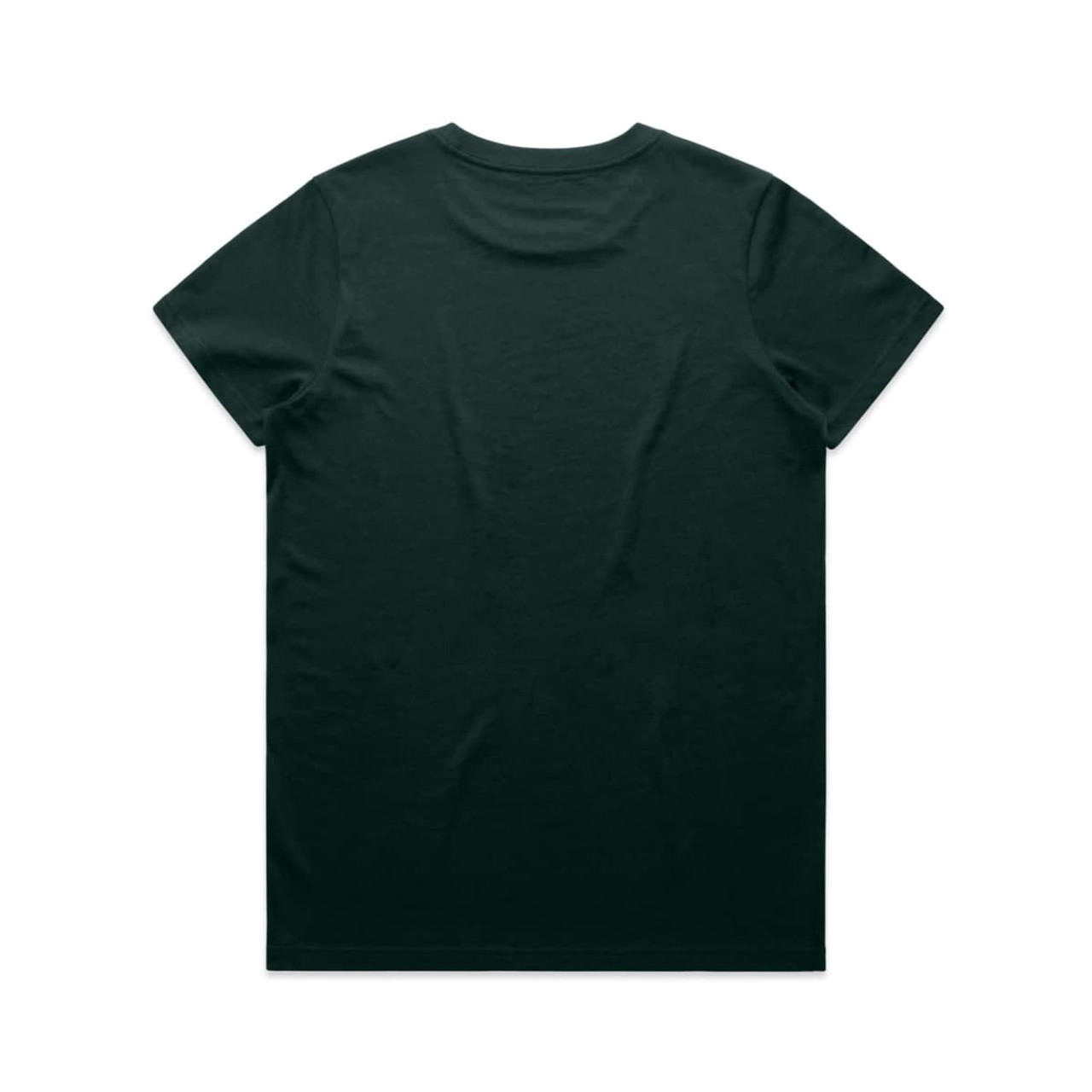 A green t-shirt displayed from the back, featuring a plain design and a logo on the neck.