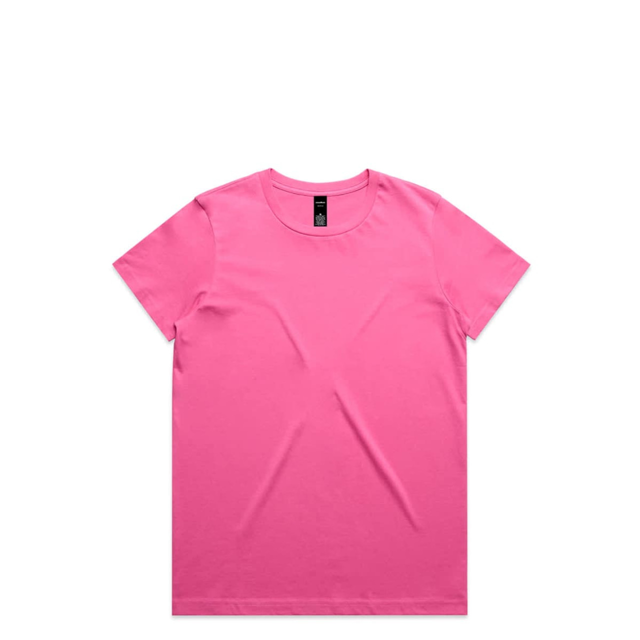 A pink T-shirt featuring a round neckline and a branding label on the inside neck. 