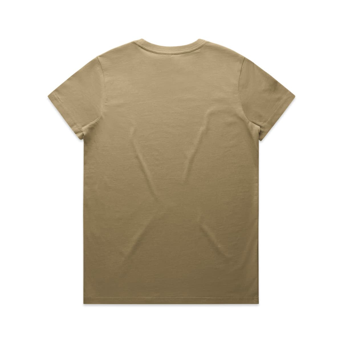 A plain khaki T-shirt featuring a crew neckline. The back is unadorned with no visible branding.