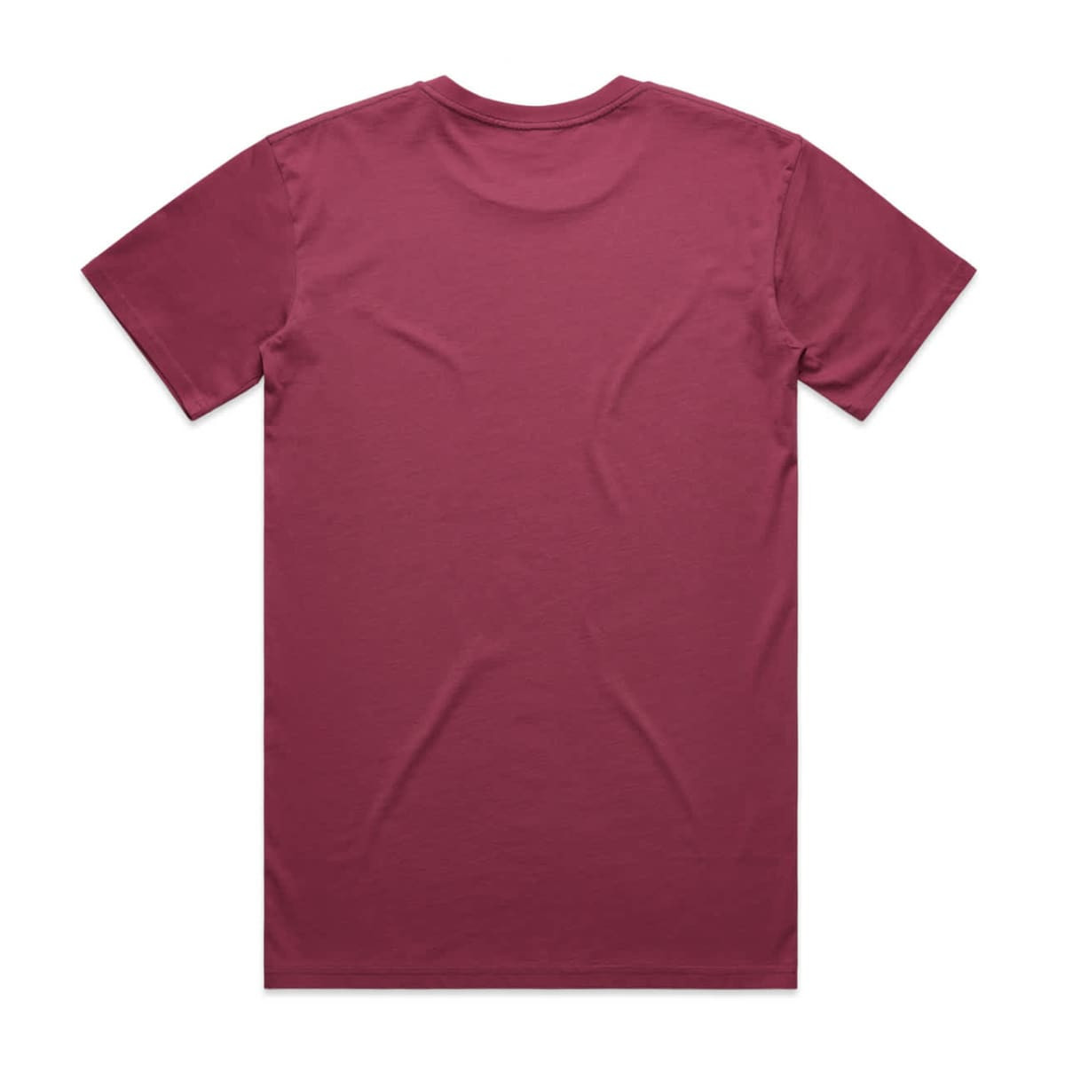 A maroon T-shirt with short sleeves, featuring a tagless back and no other visible design elements.