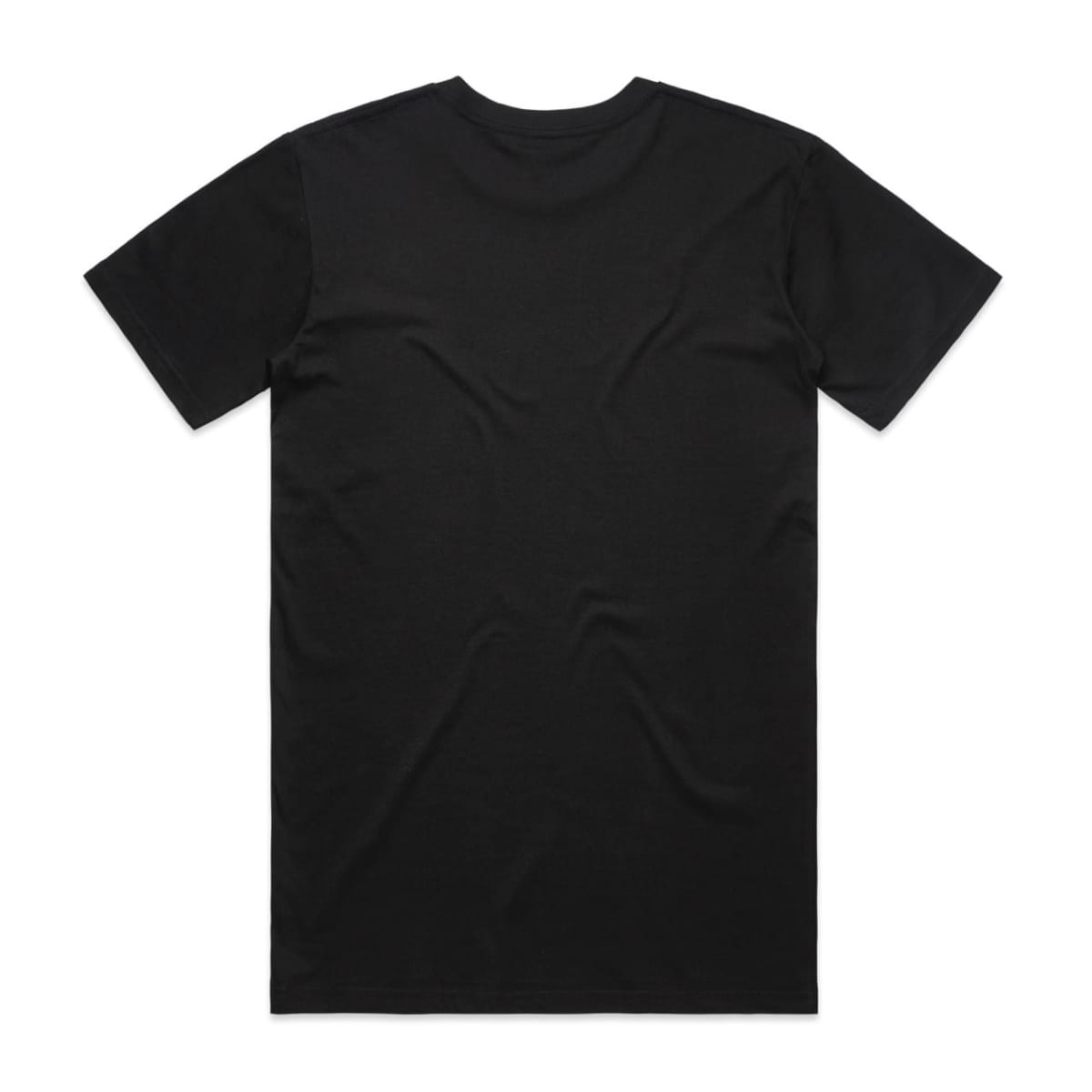 A black T-shirt featuring short sleeves and a plain back. The shirt has a logo on the label.