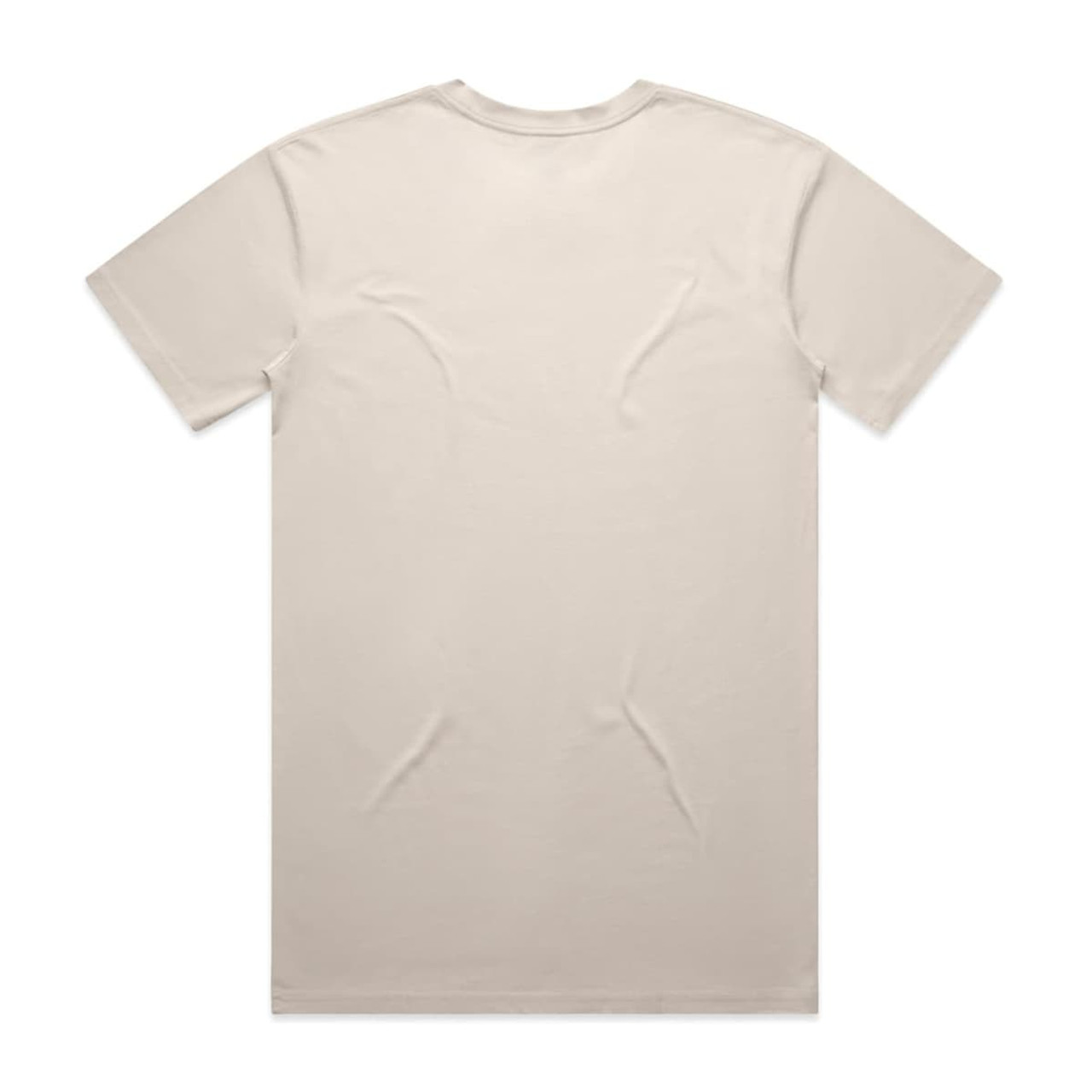 A beige t-shirt with a plain design and no visible branding, viewed from the back.