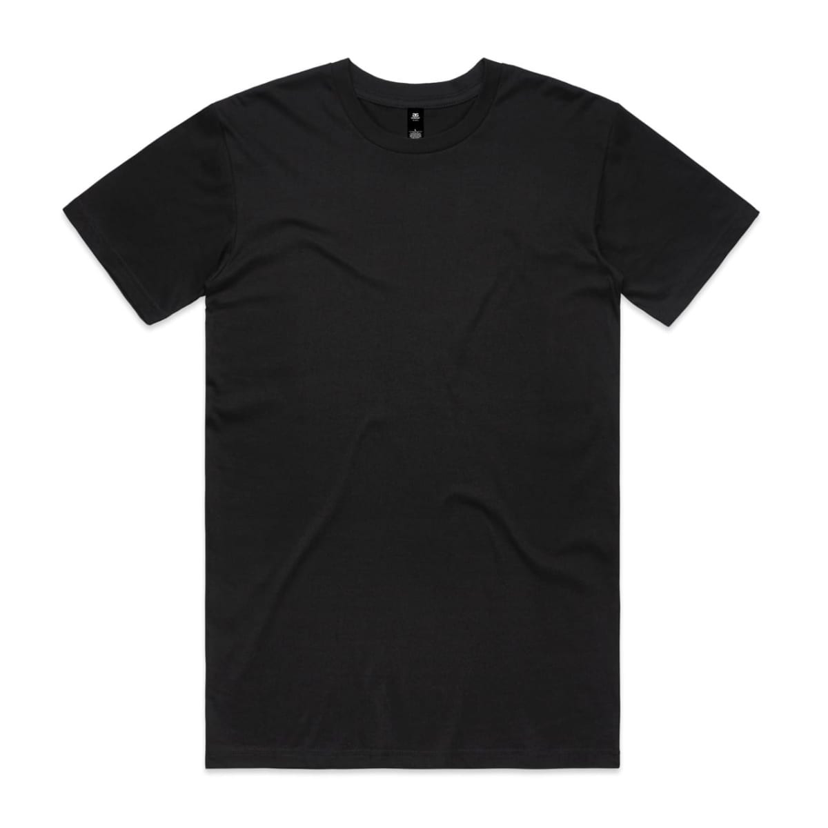 A plain black T-shirt with a round neck and short sleeves. It features a logo on the label.