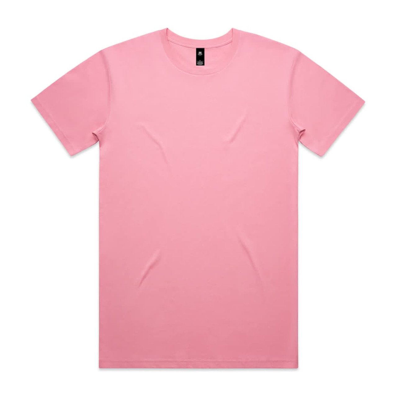 A pink T-shirt with a crew neck and short sleeves, featuring a logo on the label.