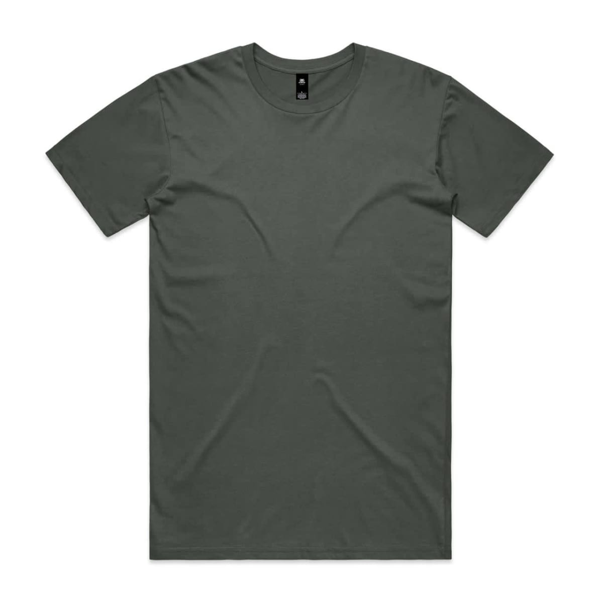A green T-shirt with a round neckline and short sleeves, featuring a logo on the label.