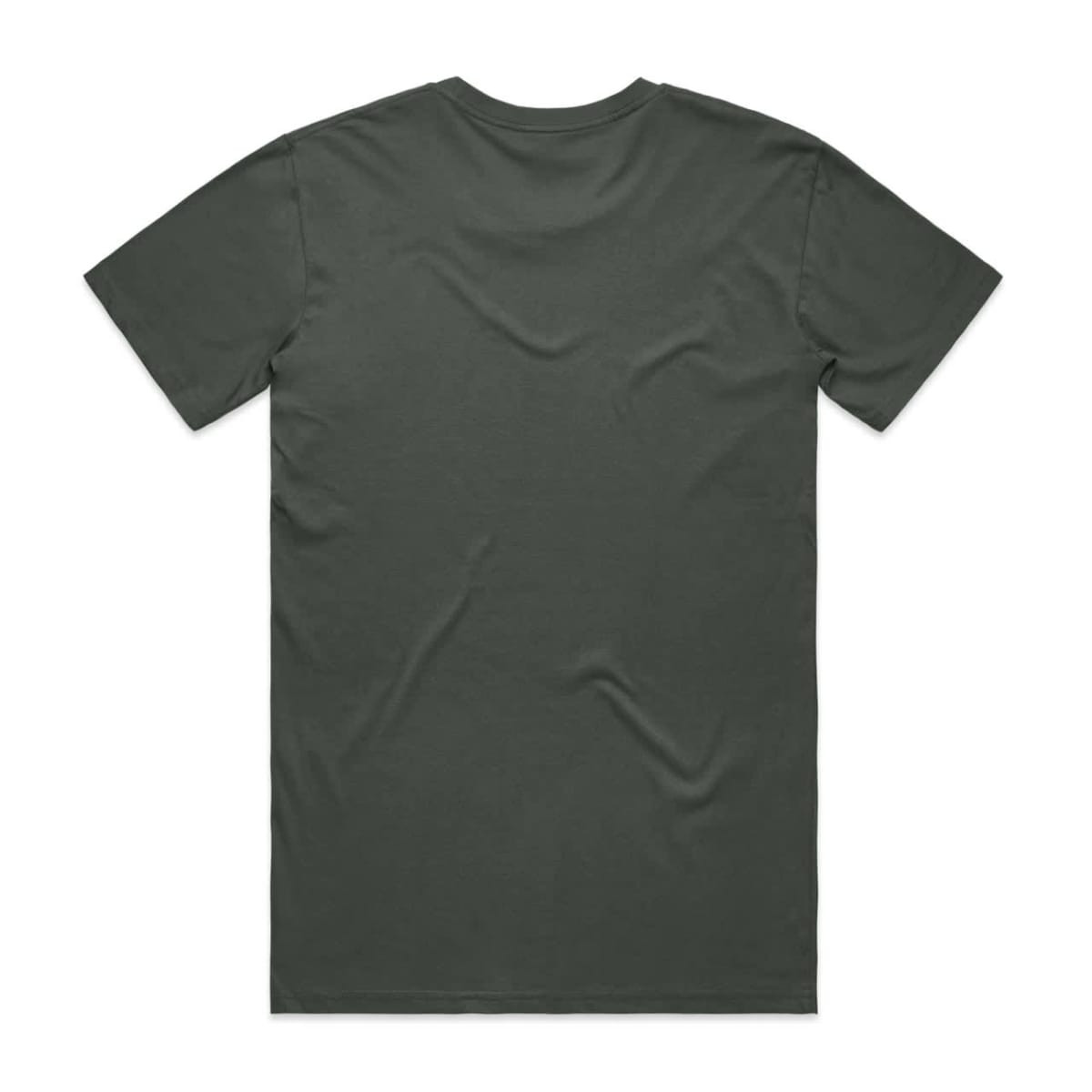 A plain dark green T-shirt with a standard crew neck and short sleeves, featuring a logo on the back.