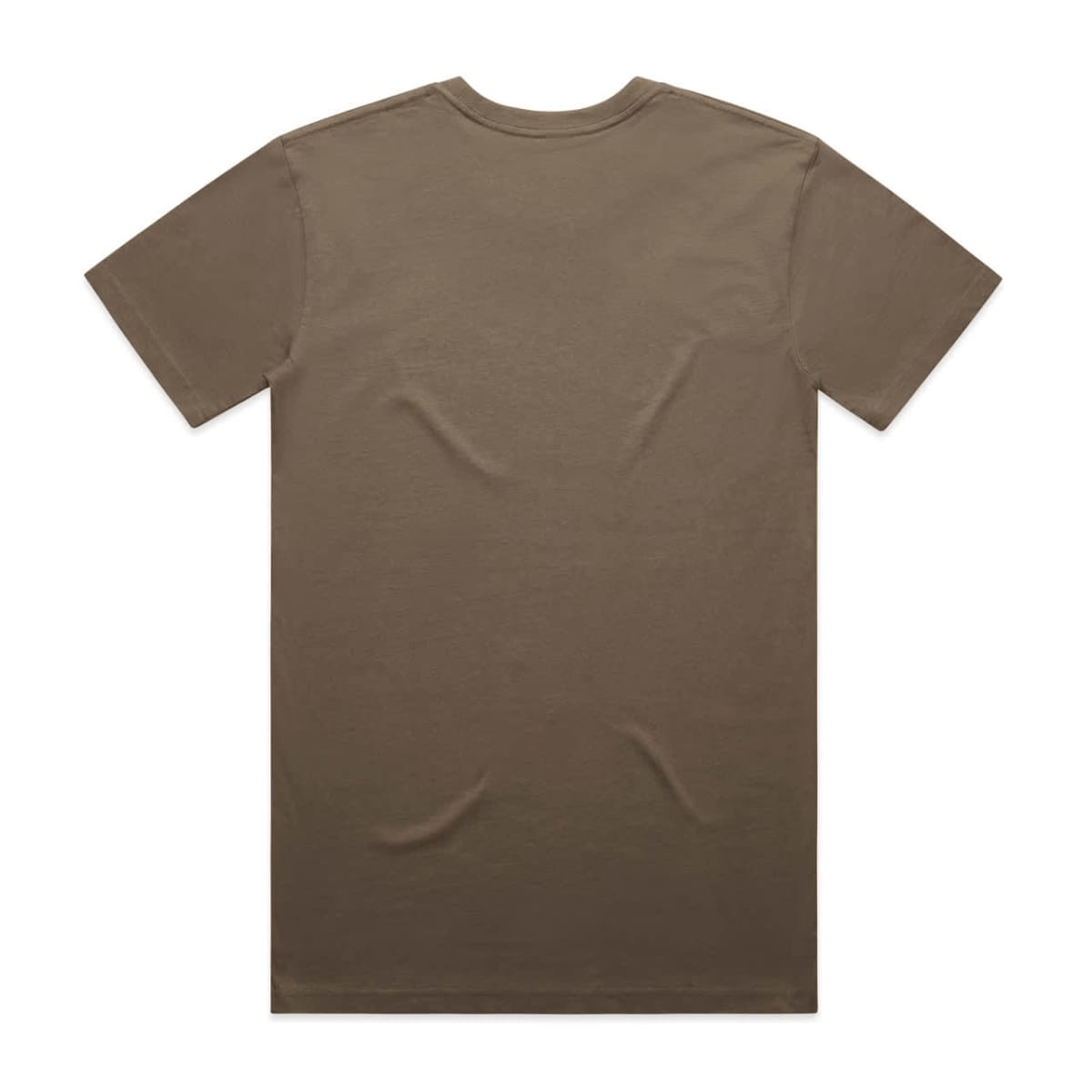 A plain brown T-shirt featuring a crew neck and short sleeves, with a logo on the back.