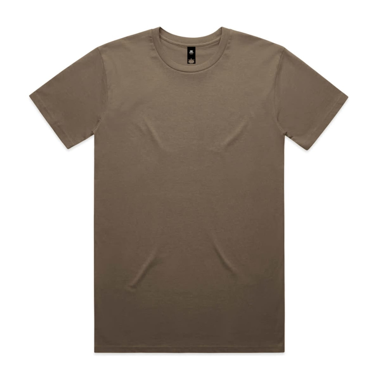 A plain brown T-shirt with a round neck and short sleeves, featuring a brand logo on the label.