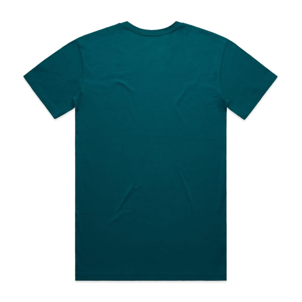 A teal T-shirt with a plain back, featuring a logo at the neckline.
