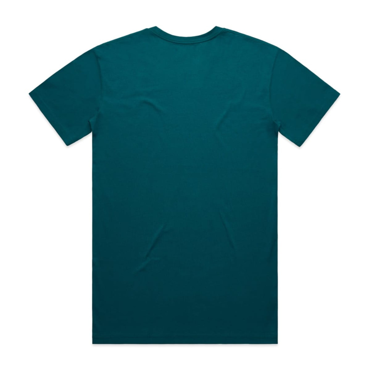 A teal T-shirt with a plain back, featuring a logo at the neckline.
