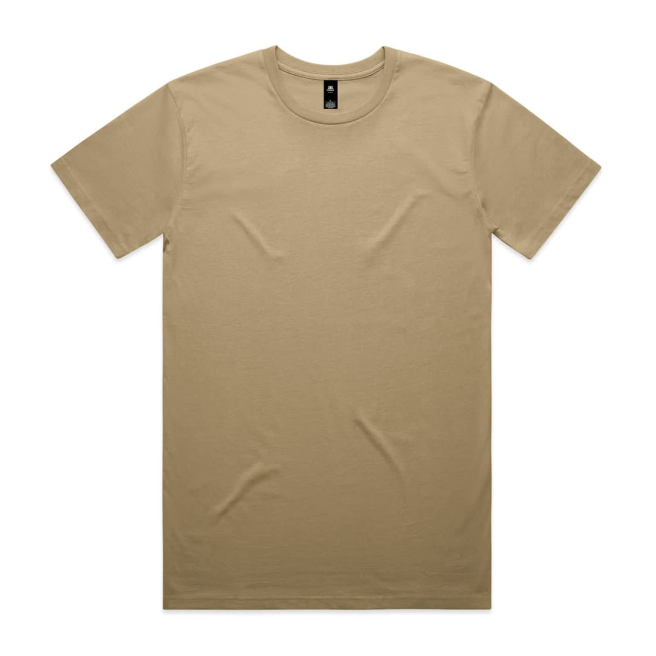 A tan staple tee with a round neckline and short sleeves, featuring a brand logo.