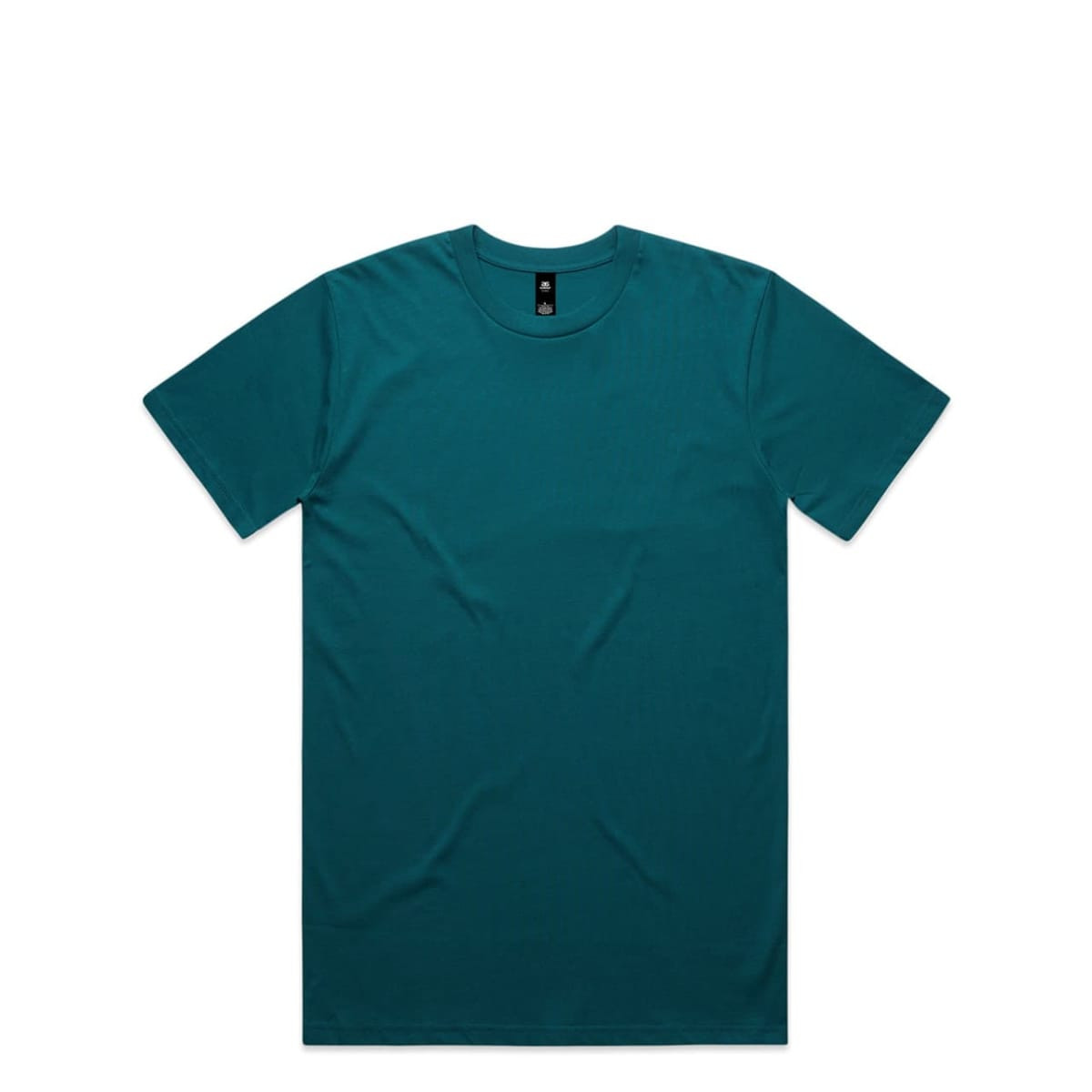 A teal T-shirt with a classic crew neck design and a tag label, featuring a logo.