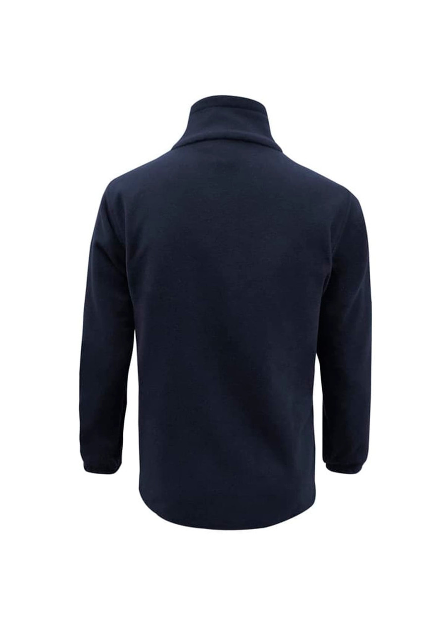 A navy blue men's plain micro fleece jacket with a high collar and long sleeves, featuring a logo.