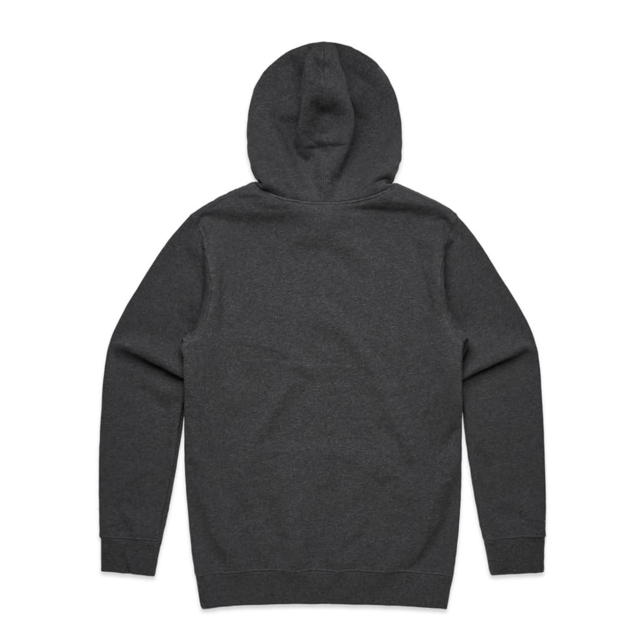 A grey hoodie with a hood and long sleeves, featuring a plain back without any visible branding.
