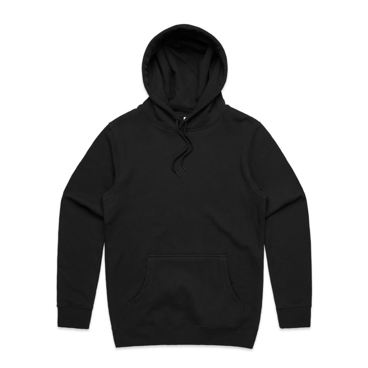 A black hoodie with a pouch pocket and a hood, featuring a logo on one side.