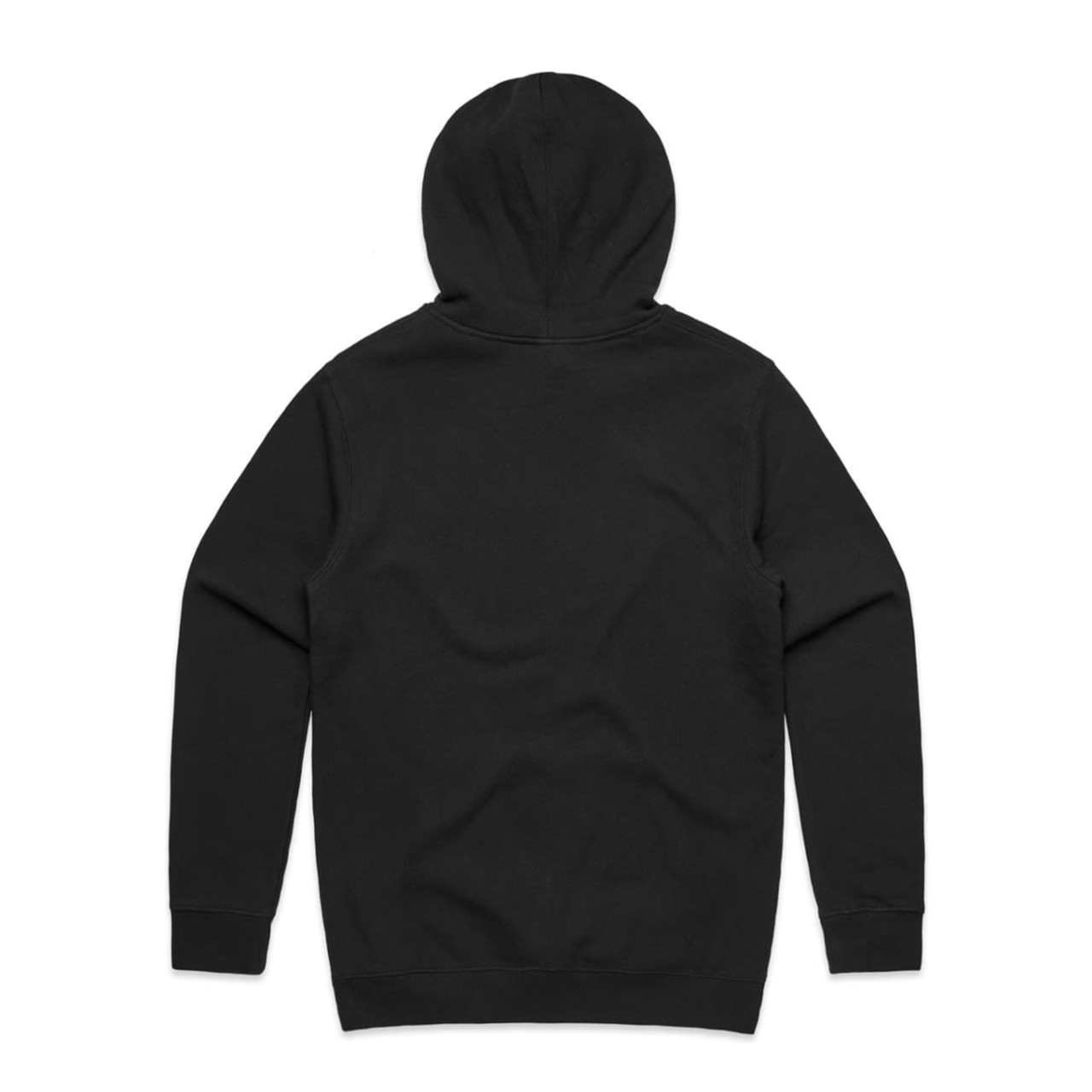 A black hoodie with a hood and long sleeves, featuring a logo on the back.