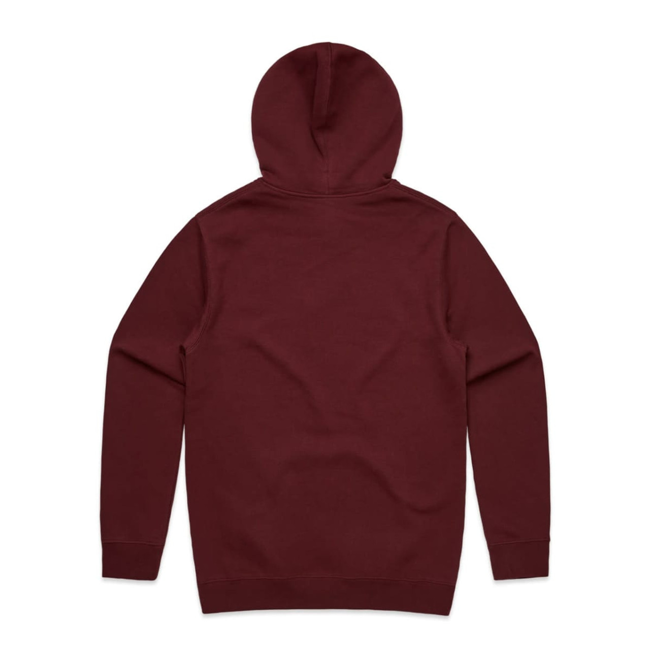 A maroon hoodie featuring a hood and long sleeves, with a plain design and a logo on the back.