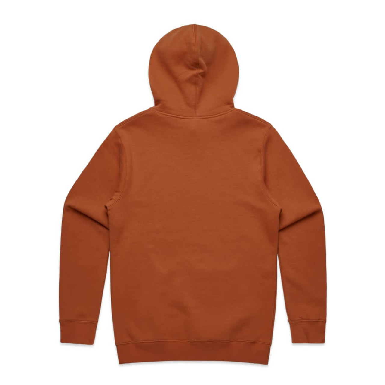 A brown hoodie featuring a back view with a hood, made from a soft fabric. It includes a logo on the back.