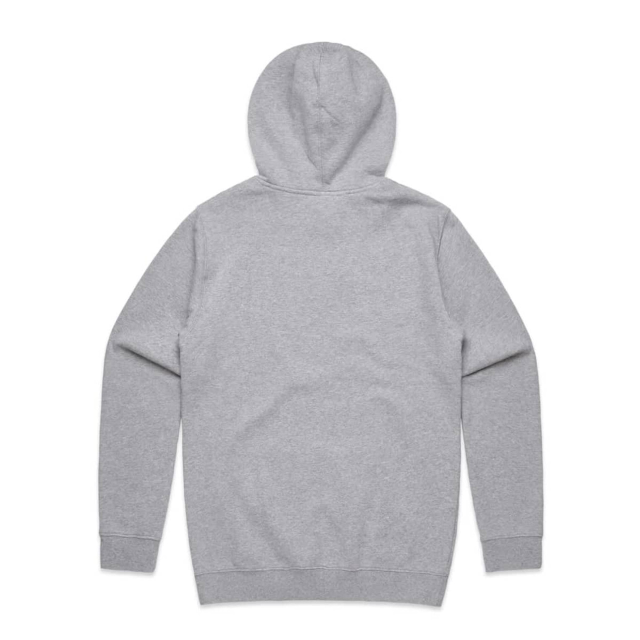 A grey hoodie featuring a hood and long sleeves, with a plain back and a logo.
