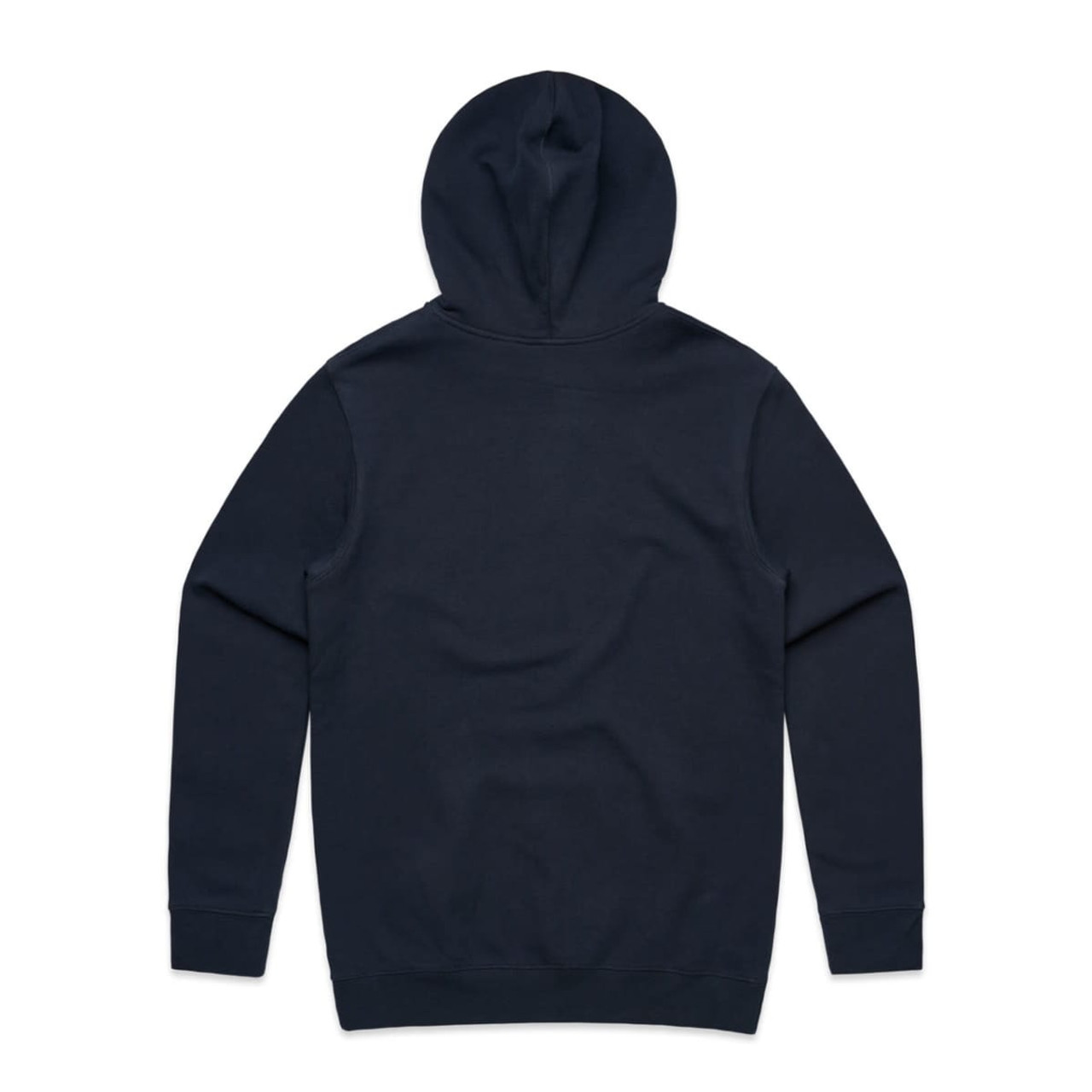 A navy hoodie with a hood and long sleeves, featuring a plain design and a logo.