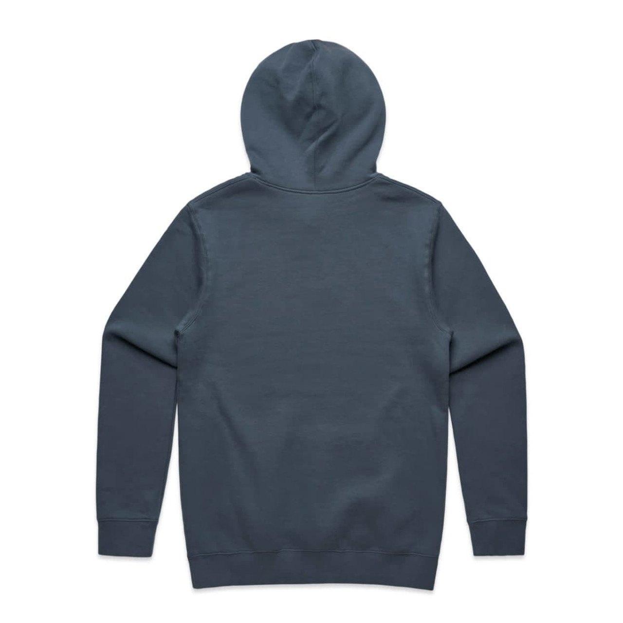 A grey hoodie featuring a hood and long sleeves, with a simple design and branding on the back.