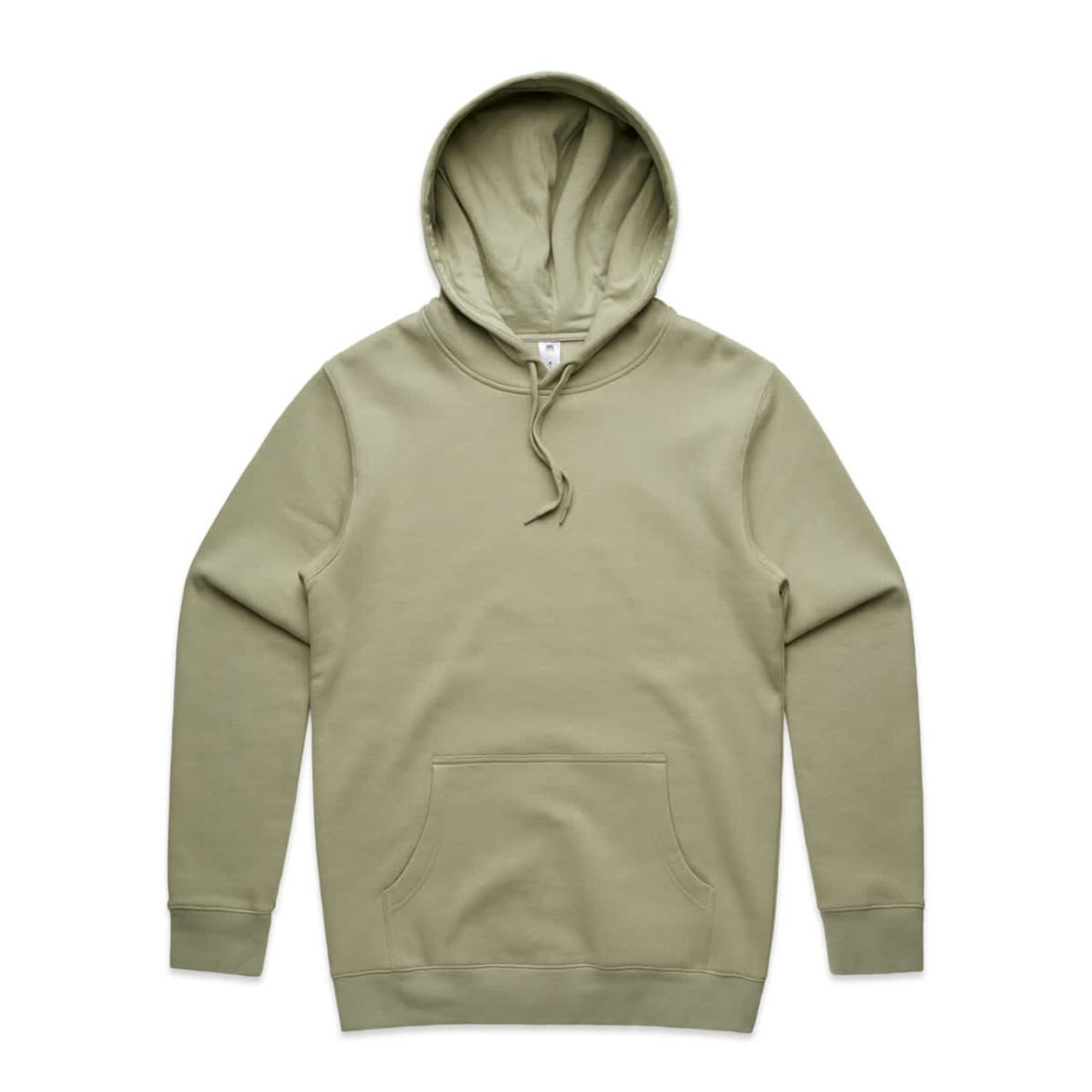 A green hoodie featuring a front pocket and a drawstring hood. The design includes a logo.