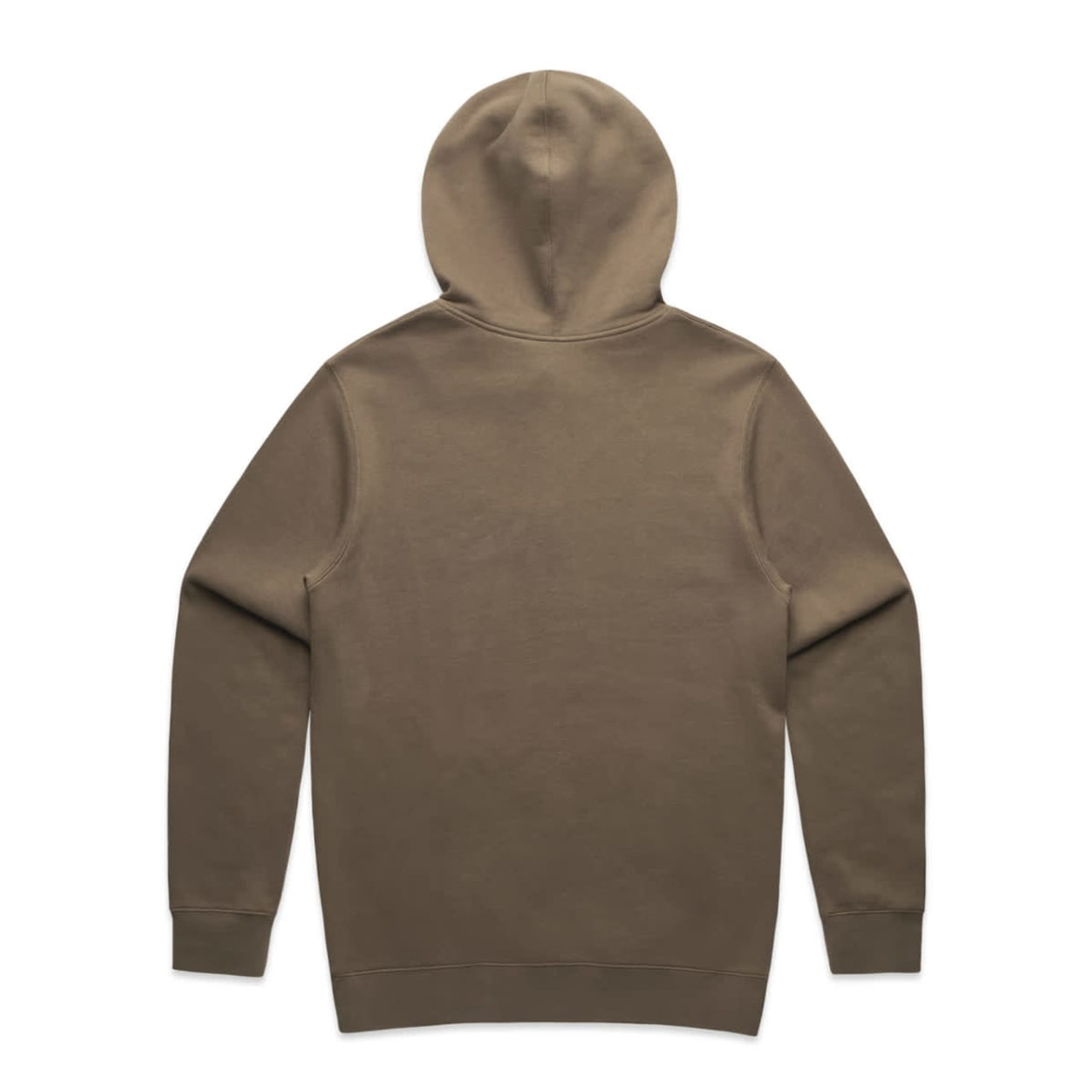 A khaki hoodie with a large hood and long sleeves, featuring a logo on the back.