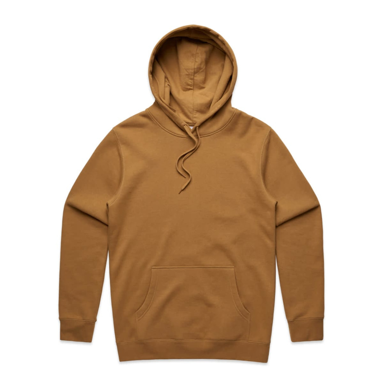 A brown hoodie with a front pocket and an adjustable hood, featuring a logo.